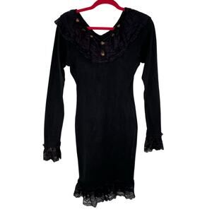 Vintage Forenza Black Mini Dress S Lace Trim Peplum Whimsigoth Fairy Witchy 80s